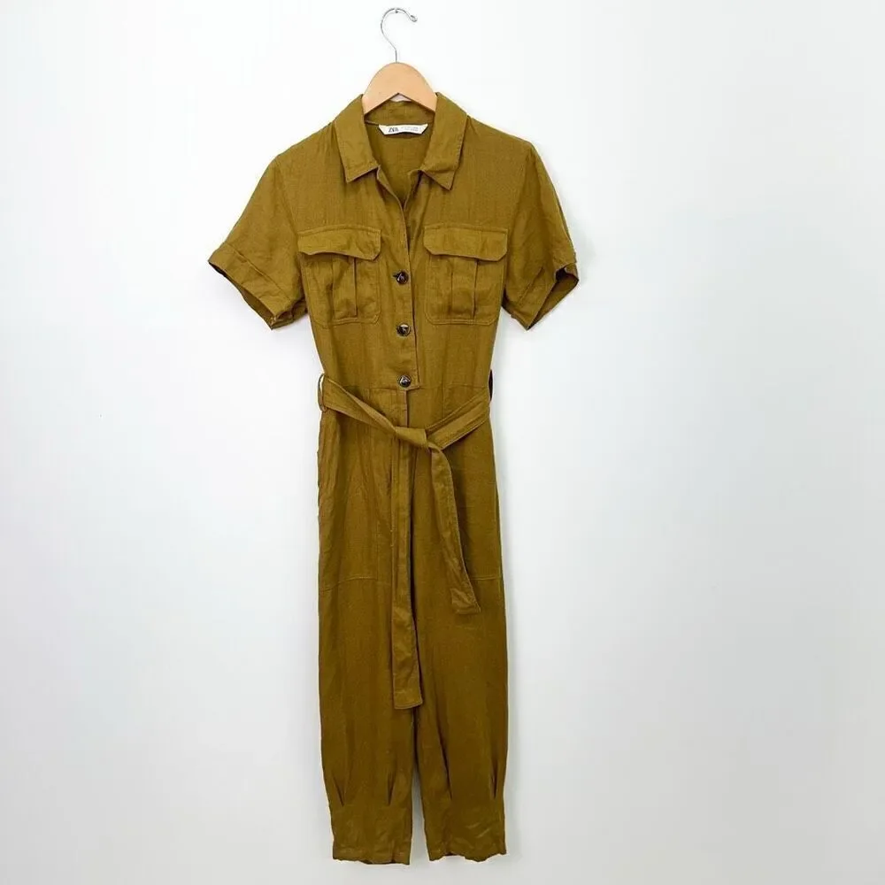 Zara Women’s Deep Mustard Yellow Linen Shortsleeved Tapered Leg Jumpsuit